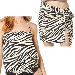 Michael Kors SET - Wrap Skirt Swim Coverup and Top Zebra Animal Print Size M / L